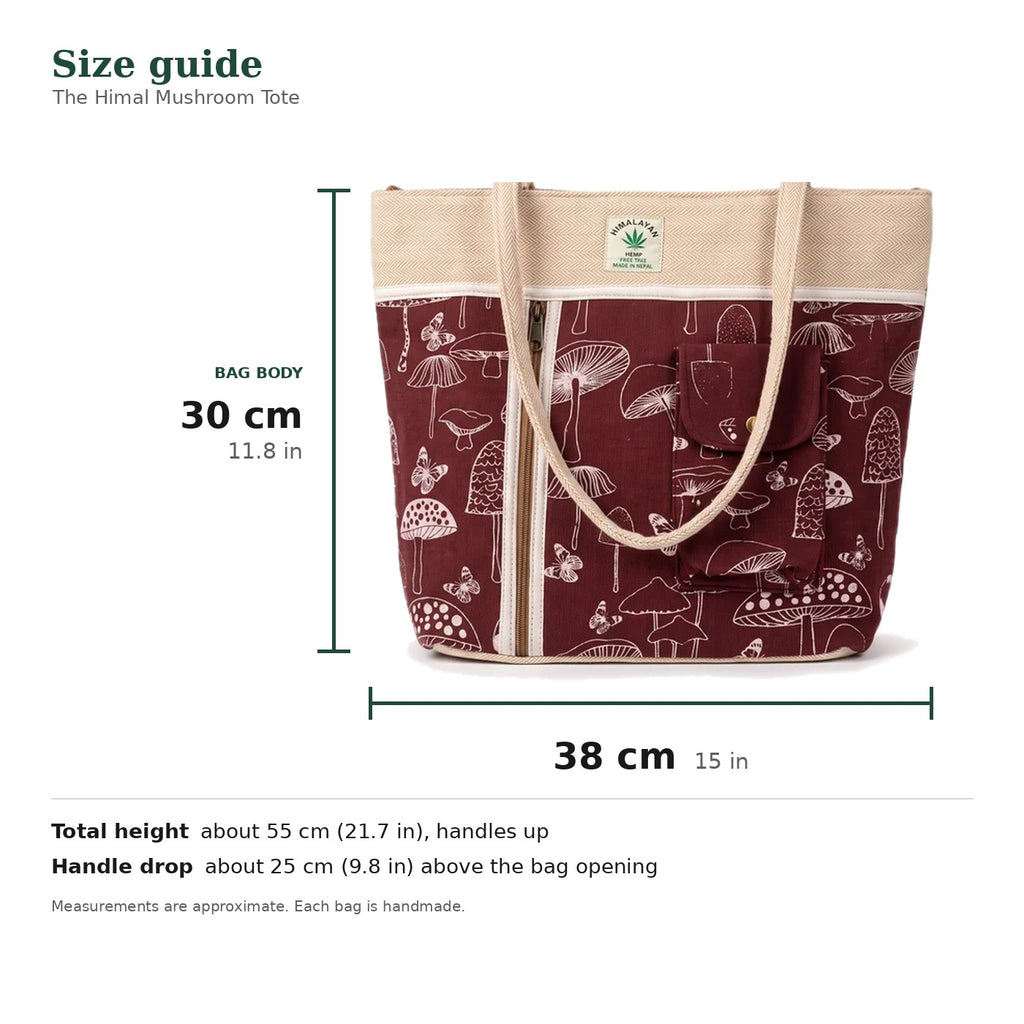 The Himal Mushroom Tote size guide, maroon